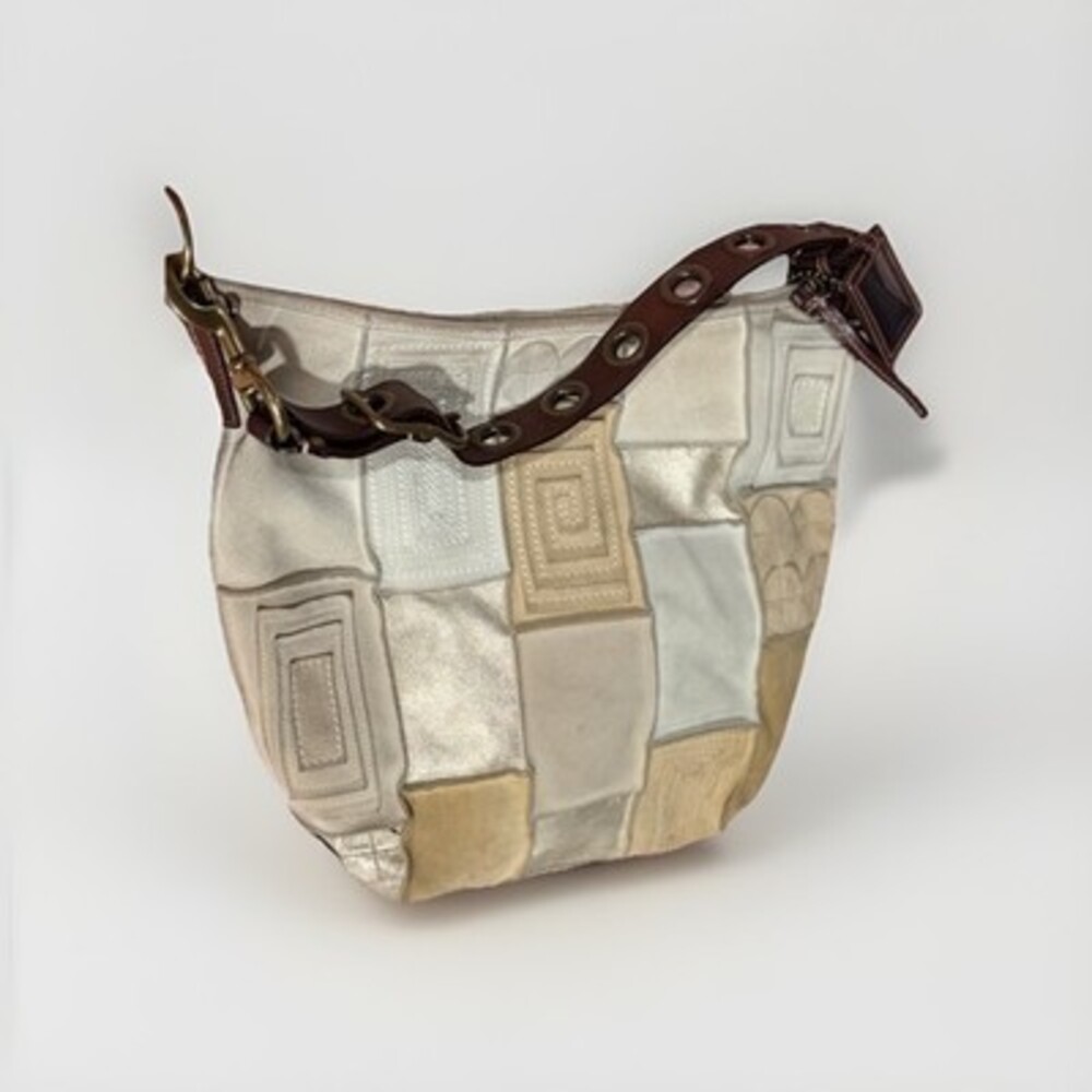 Coach Ltd Ed Mossaic 10409 Suede Beige Metallic Leather LG Duffle Hobo Bag Y2K